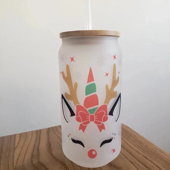 Unicorn reindeer frosted glass cup includes lid and glass straw - Picture 2 of 6
